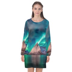 Amazing Aurora Borealis Colors Long Sleeve Chiffon Shift Dress 