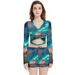 Amazing Aurora Borealis Colors Velvet Wrap Crop Top and Shorts Set