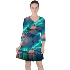 Amazing Aurora Borealis Colors Quarter Sleeve Ruffle Waist Dress