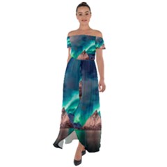 Amazing Aurora Borealis Colors Off Shoulder Open Front Chiffon Dress