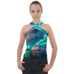 Amazing Aurora Borealis Colors Cross Neck Velour Top