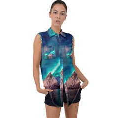 Amazing Aurora Borealis Colors Sleeveless Chiffon Button Shirt