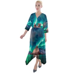 Amazing Aurora Borealis Colors Quarter Sleeve Wrap Front Maxi Dress