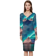 Amazing Aurora Borealis Colors Long Sleeve V-Neck Bodycon Dress 