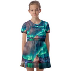 Amazing Aurora Borealis Colors Kids  Short Sleeve Pinafore Style Dress