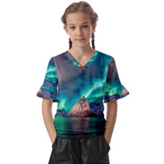 Amazing Aurora Borealis Colors Kids  V-Neck Horn Sleeve Blouse