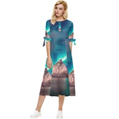Amazing Aurora Borealis Colors Bow Sleeve Chiffon Midi Dress