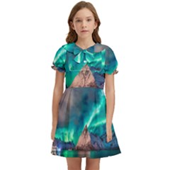 Amazing Aurora Borealis Colors Kids  Bow Tie Puff Sleeve Dress