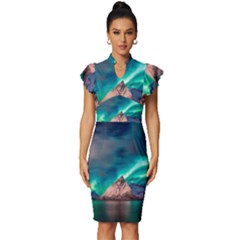 Amazing Aurora Borealis Colors Vintage Frill Sleeve V-Neck Bodycon Dress