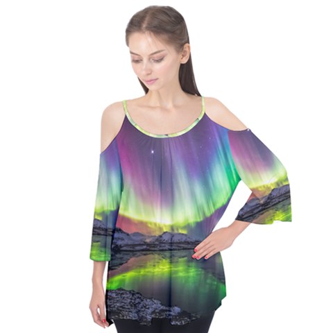 Aurora Borealis Polar Northern Lights Natural Phenomenon North Night Mountains Flutter Sleeve Tee  by B30l