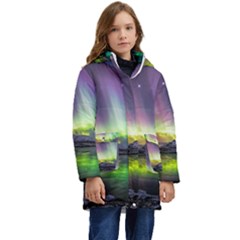 Aurora Borealis Polar Northern Lights Natural Phenomenon North Night Mountains Kids  Hooded Longline Puffer Jacket by B30l