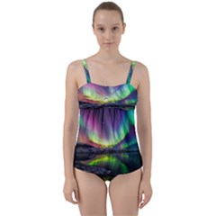 Aurora Borealis Polar Northern Lights Natural Phenomenon North Night Mountains Twist Front Tankini Set by B30l