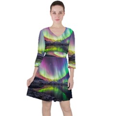 Aurora Borealis Polar Northern Lights Natural Phenomenon North Night Mountains Quarter Sleeve Ruffle Waist Dress by B30l