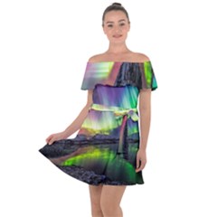 Aurora Borealis Polar Northern Lights Natural Phenomenon North Night Mountains Off Shoulder Velour Dress by B30l