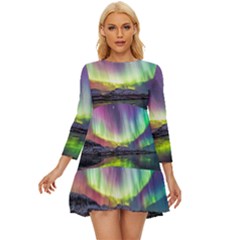 Aurora Borealis Polar Northern Lights Natural Phenomenon North Night Mountains Long Sleeve Babydoll Dress by B30l