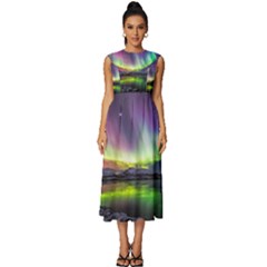 Aurora Borealis Polar Northern Lights Natural Phenomenon North Night Mountains Sleeveless Round Neck Midi Dress