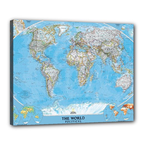 Blue White And Green World Map National Geographic Canvas 20  X 16  (stretched) by B30l