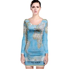 Blue White And Green World Map National Geographic Long Sleeve Bodycon Dress