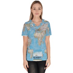 Blue White And Green World Map National Geographic Women s V-neck Scrub Top by B30l