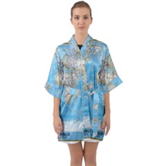 Blue White And Green World Map National Geographic Half Sleeve Satin Kimono  by B30l