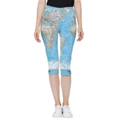 Blue White And Green World Map National Geographic Inside Out Lightweight Velour Capri Leggings 