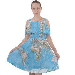Blue White And Green World Map National Geographic Cut Out Shoulders Chiffon Dress by B30l