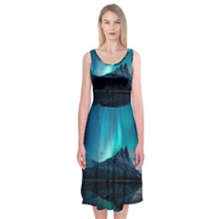 Aurora Borealis Mountain Reflection Midi Sleeveless Dress by B30l