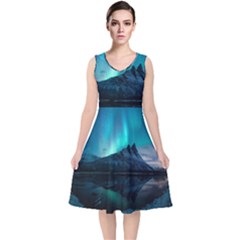 Aurora Borealis Mountain Reflection V-neck Midi Sleeveless Dress 