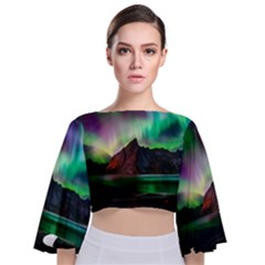 Aurora Borealis Nature Sky Light Tie Back Butterfly Sleeve Chiffon Top by B30l