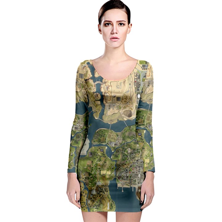 Map Illustration Gta Long Sleeve Bodycon Dress