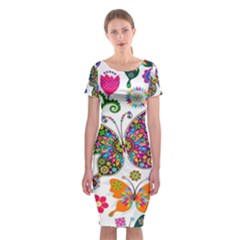 Butterflies Abstract Colorful Floral Flowers Vector Classic Short Sleeve Midi Dress