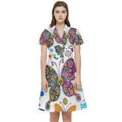 Butterflies Abstract Colorful Floral Flowers Vector Short Sleeve Waist Detail Dress