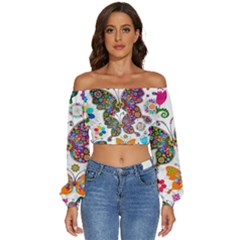 Butterflies Abstract Colorful Floral Flowers Vector Long Sleeve Crinkled Weave Crop Top