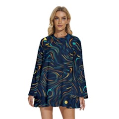 Colorful Abstract Pattern Creative Colorful Line Linear Background Round Neck Long Sleeve Bohemian Style Chiffon Mini Dress