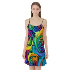 Colorful Roses Bouquet Rainbow Satin Night Slip by B30l