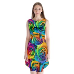 Colorful Roses Bouquet Rainbow Sleeveless Chiffon Dress  