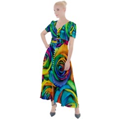 Colorful Roses Bouquet Rainbow Button Up Short Sleeve Maxi Dress by B30l