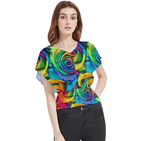 Colorful Roses Bouquet Rainbow Butterfly Chiffon Blouse by B30l