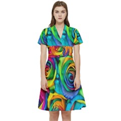 Colorful Roses Bouquet Rainbow Short Sleeve Waist Detail Dress by B30l