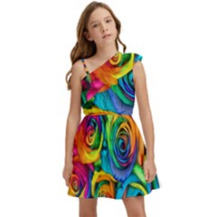 Colorful Roses Bouquet Rainbow Kids  One Shoulder Party Dress by B30l