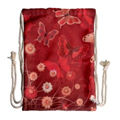Four Red Butterflies With Flower Illustration Butterfly Flowers Drawstring Bag (large)