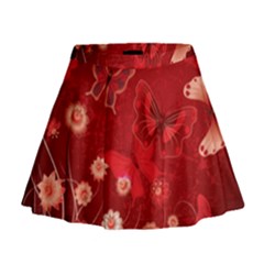 Four Red Butterflies With Flower Illustration Butterfly Flowers Mini Flare Skirt by B30l