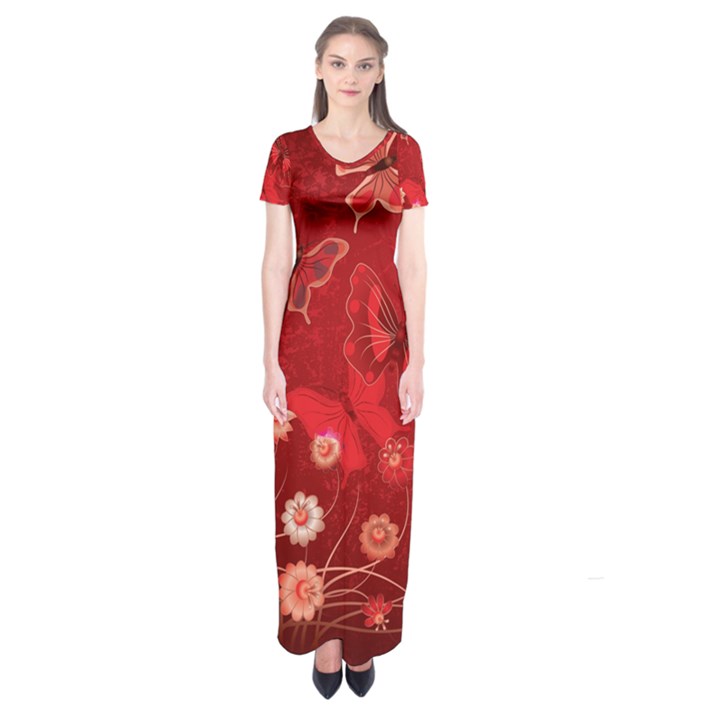Four Red Butterflies With Flower Illustration Butterfly Flowers Short Sleeve Maxi Dress