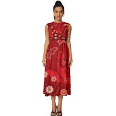 Four Red Butterflies With Flower Illustration Butterfly Flowers Sleeveless Round Neck Midi Dress