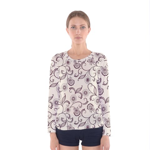White And Brown Floral Wallpaper Flowers Background Pattern Women s Long Sleeve Tee by B30l
