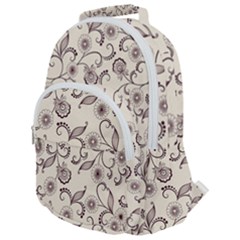 White And Brown Floral Wallpaper Flowers Background Pattern Rounded Multi Pocket Backpack by B30l