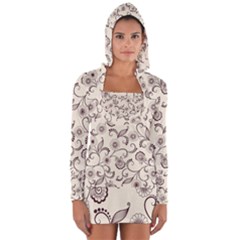 White And Brown Floral Wallpaper Flowers Background Pattern Long Sleeve Hooded T-shirt