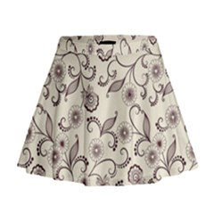 White And Brown Floral Wallpaper Flowers Background Pattern Mini Flare Skirt by B30l