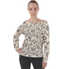 White And Brown Floral Wallpaper Flowers Background Pattern Off Shoulder Long Sleeve Velour Top by B30l