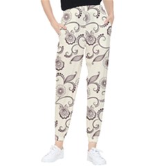 White And Brown Floral Wallpaper Flowers Background Pattern Women s Tapered Pants by B30l